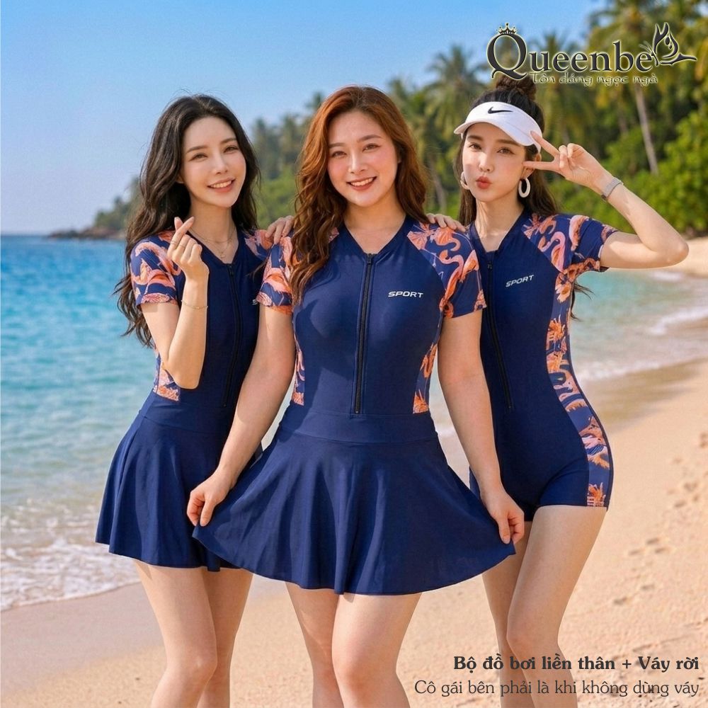 Bộ đồ bơi nữ liền thân kèm váy rời với mút độn ngực có big size Queenbe GLSWIM081 Thun Lycra co giãn ít thấm mau khô