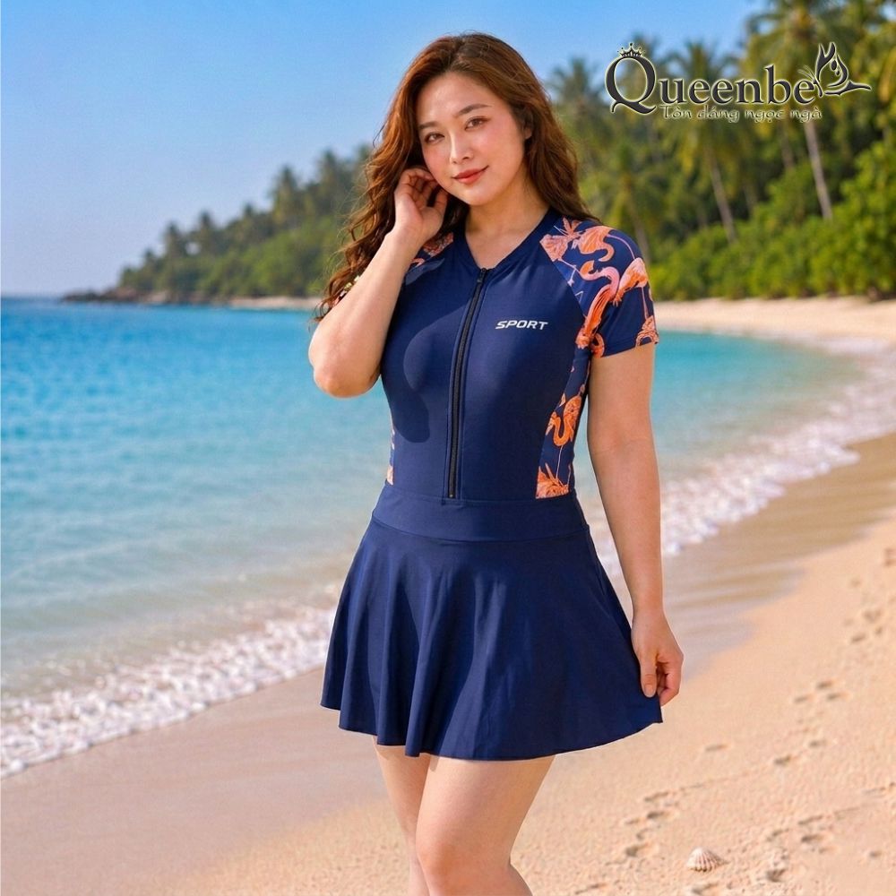 Bộ đồ bơi nữ liền thân kèm váy rời với mút độn ngực có big size Queenbe GLSWIM081 Thun Lycra co giãn ít thấm mau khô