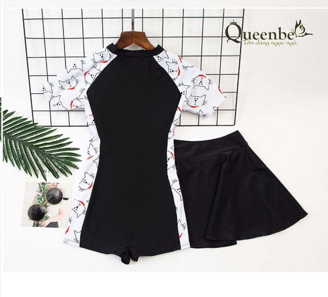 Bộ đồ bơi nữ liền thân kèm váy rời với mút độn ngực có big size Queenbe GLSWIM081 Thun Lycra co giãn ít thấm mau khô