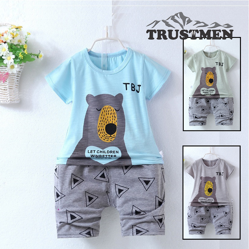 Bộ quần áo bé đầu gấu Trustmen GLSET035 gồm áo thun gấu và quần lỡ vải cotton tinh khiết