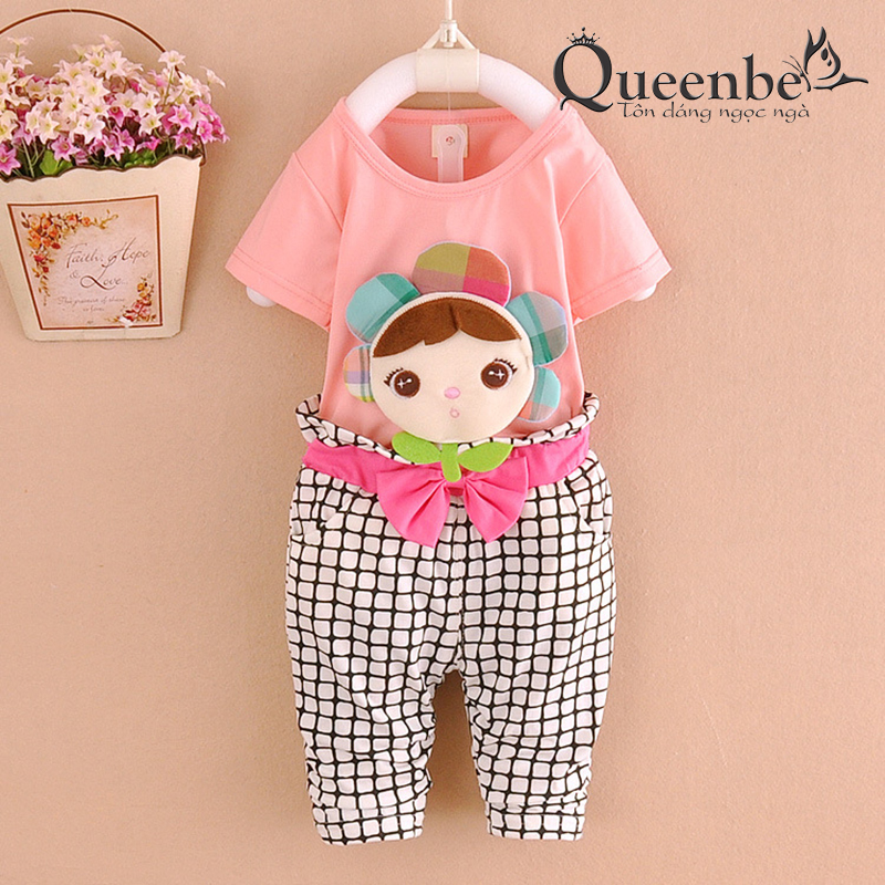 Bộ quần áo bé gái đính búp bê Queenbe GLSET016 vải cotton tinh khiết mềm thoáng thấm hút mồ hôi tốt