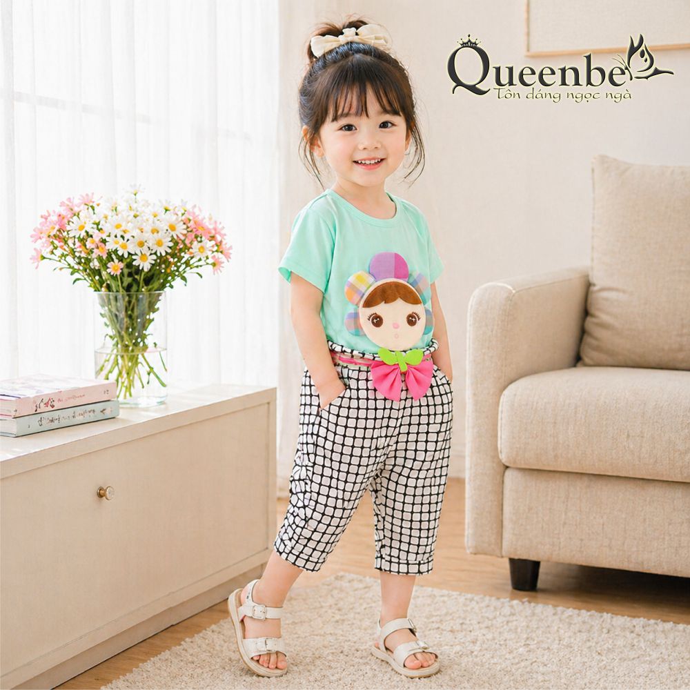 Bộ quần áo bé gái đính búp bê Queenbe GLSET016 vải cotton tinh khiết mềm thoáng thấm hút mồ hôi tốt