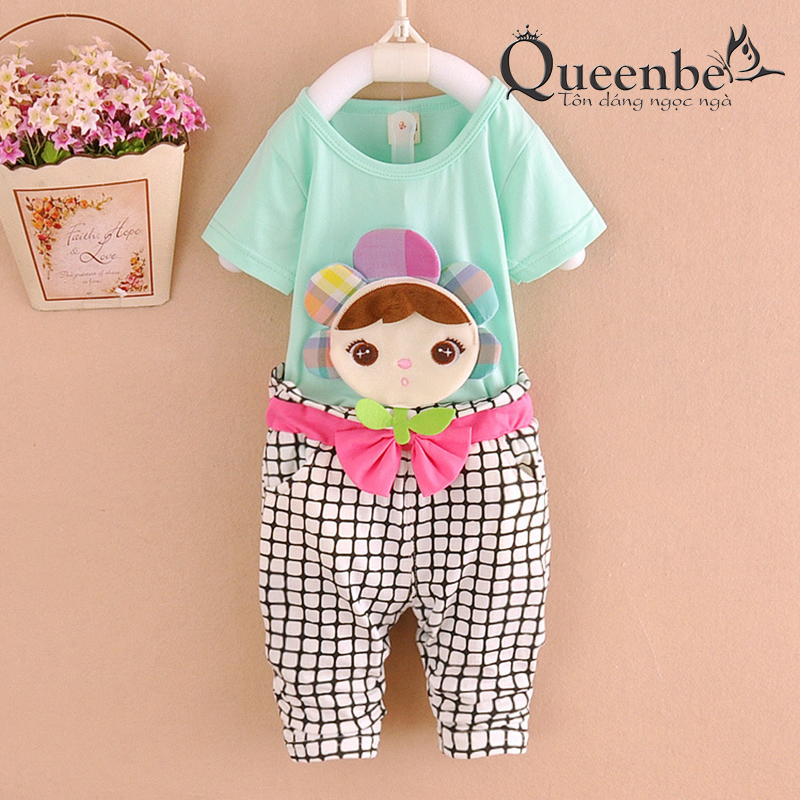 Bộ quần áo bé gái đính búp bê Queenbe GLSET016 vải cotton tinh khiết mềm thoáng thấm hút mồ hôi tốt