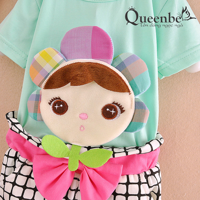 Bộ quần áo bé gái đính búp bê Queenbe GLSET016 vải cotton tinh khiết mềm thoáng thấm hút mồ hôi tốt