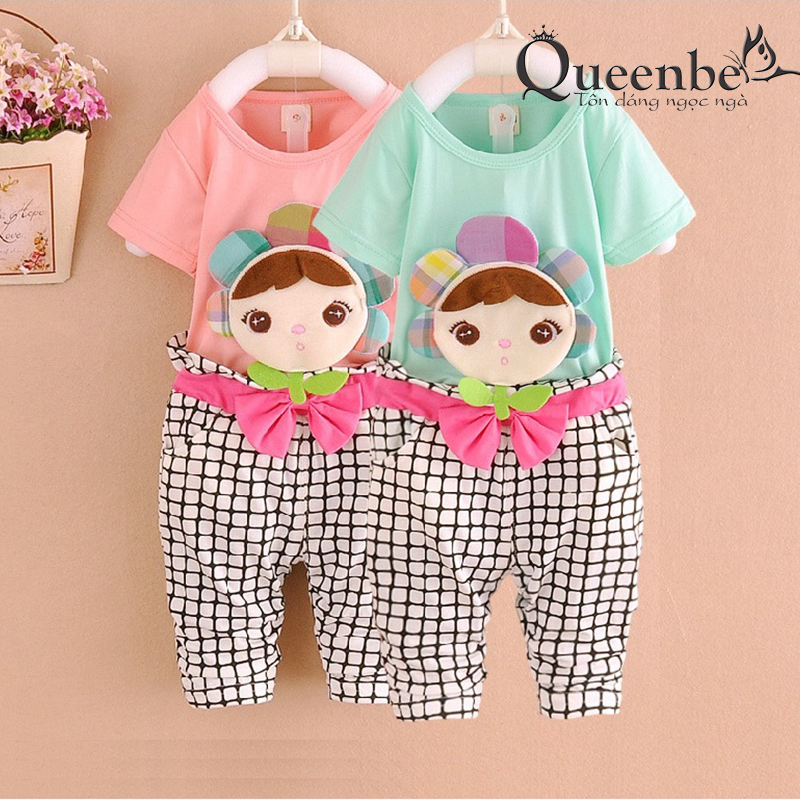Bộ quần áo bé gái đính búp bê Queenbe GLSET016 vải cotton tinh khiết mềm thoáng thấm hút mồ hôi tốt