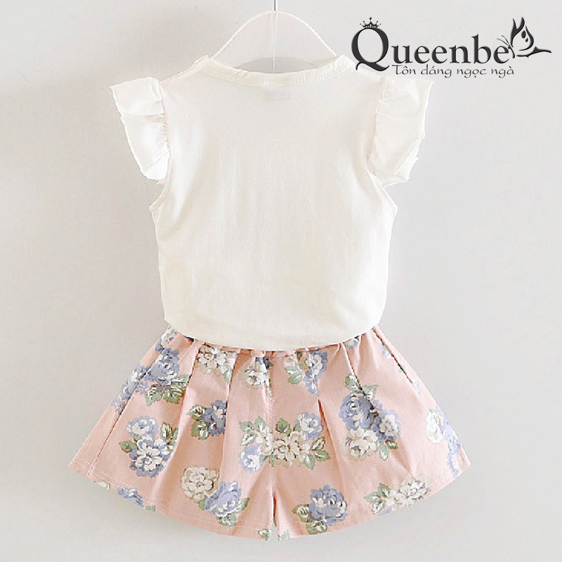 Bộ quần áo bé gái đính nơ Queenbe GLSET028 cotton tinh khiết họa tiết hồng