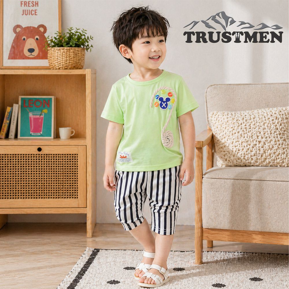 Bộ quần áo bé trai đính dây thừng Trustmen GLSET029 cotton tinh khiết màu xanh lá