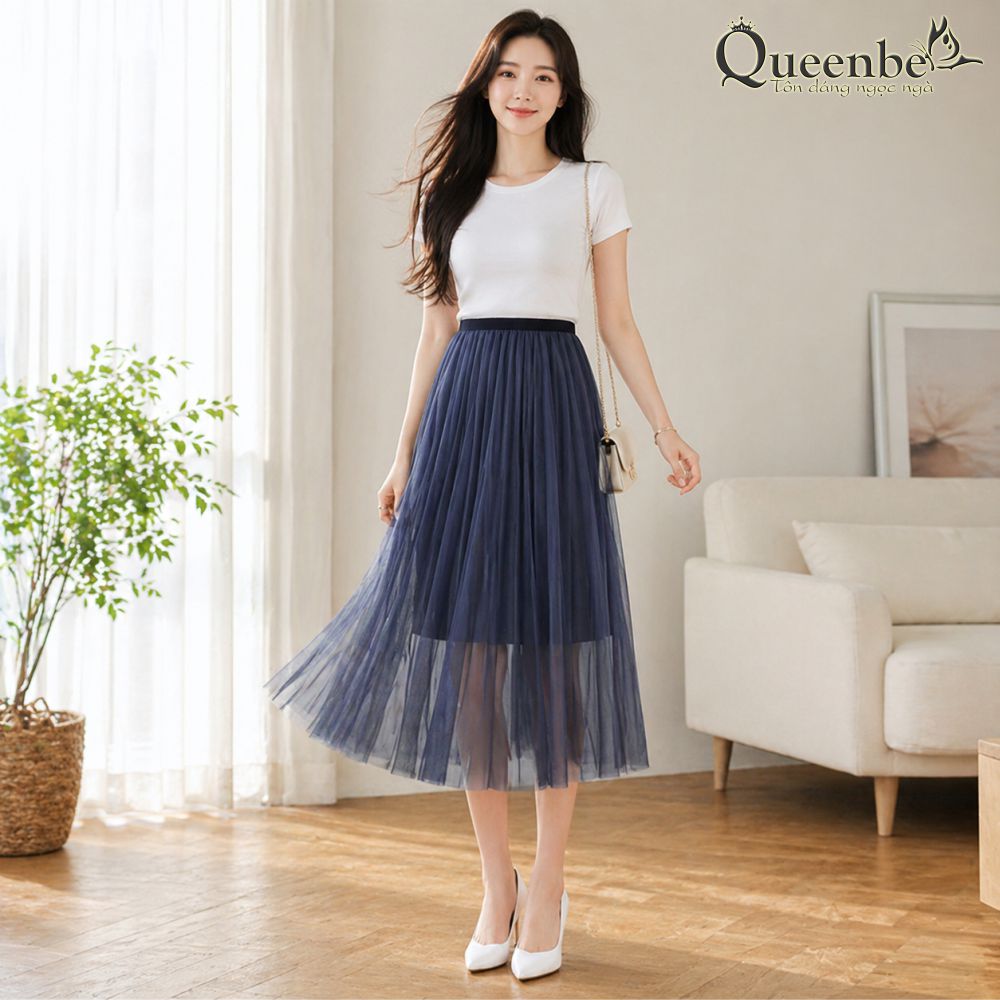 Chân váy Midi eo thun Queenbe GLV080 hai lớp