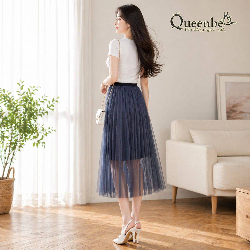Chân váy Midi eo thun Queenbe GLV080 hai lớp