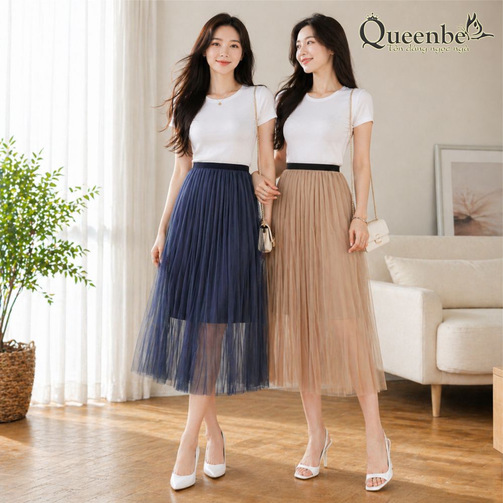 Chân váy Midi eo thun Queenbe GLV080 hai lớp