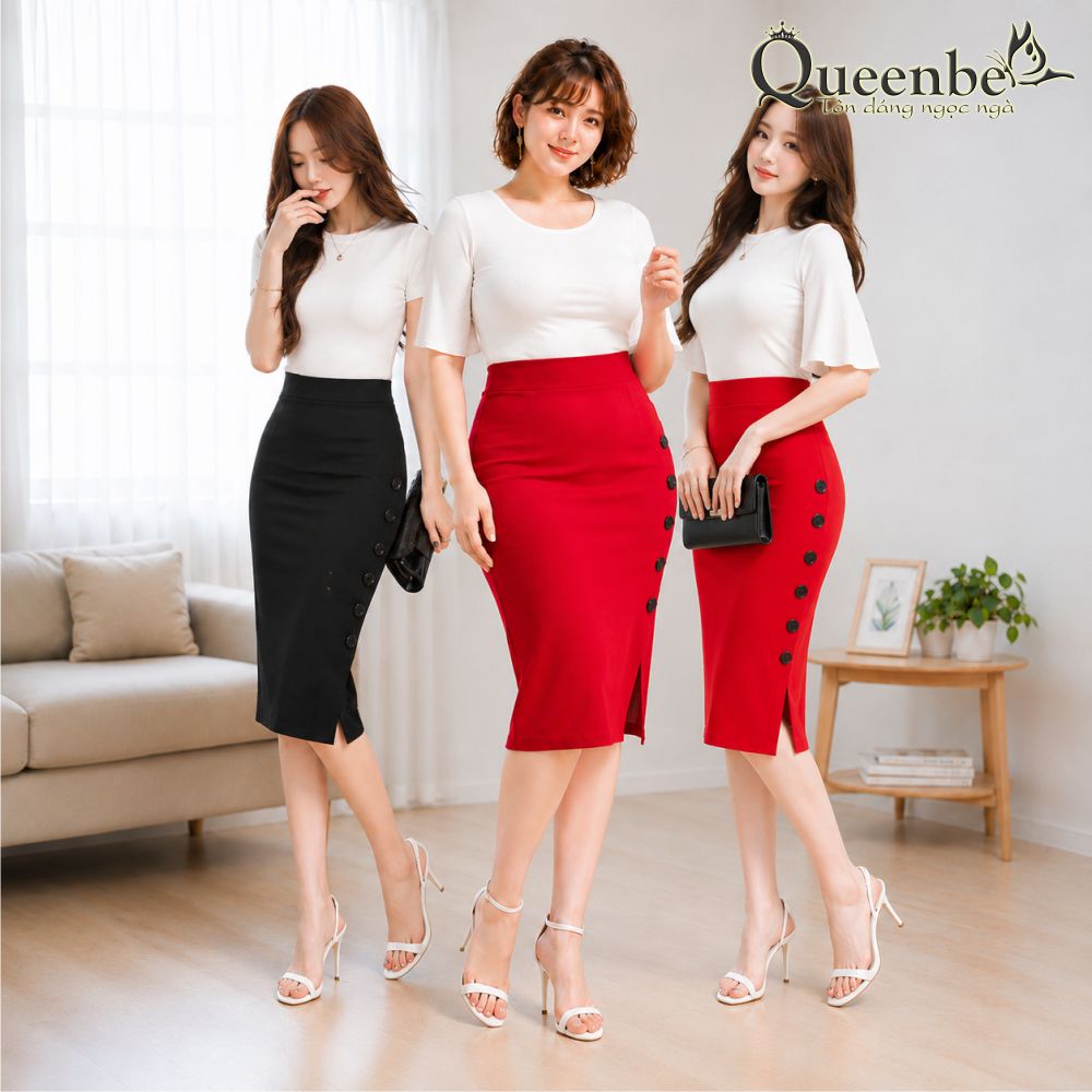 Chân váy công sở lưng cao nhiều nút có big size Queenbe GLV042