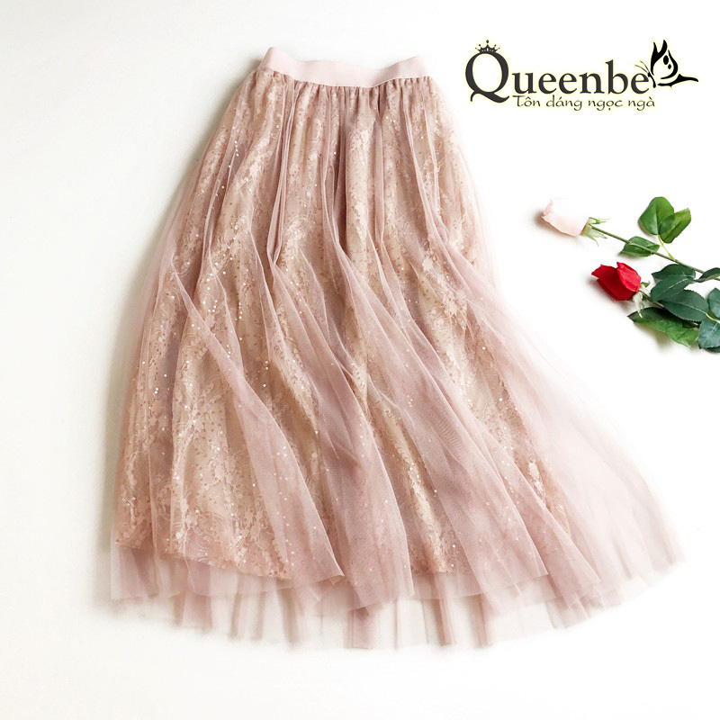 Chân váy dài kết kim loại Queenbe GLV100 midi hai lớp lưng thun