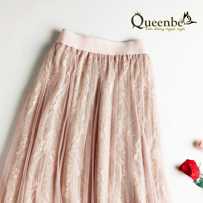 Chân váy dài kết kim loại Queenbe GLV100 midi hai lớp lưng thun
