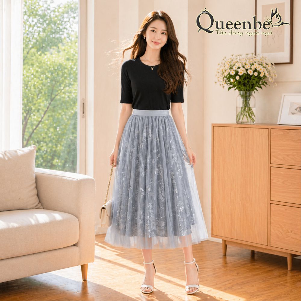 Chân váy dài kết kim loại Queenbe GLV100 midi hai lớp lưng thun