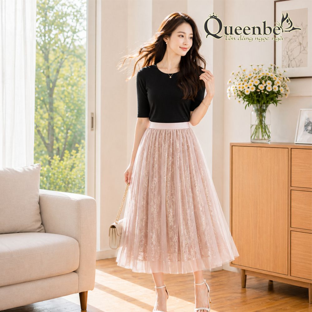 Chân váy dài kết kim loại Queenbe GLV100 midi hai lớp lưng thun