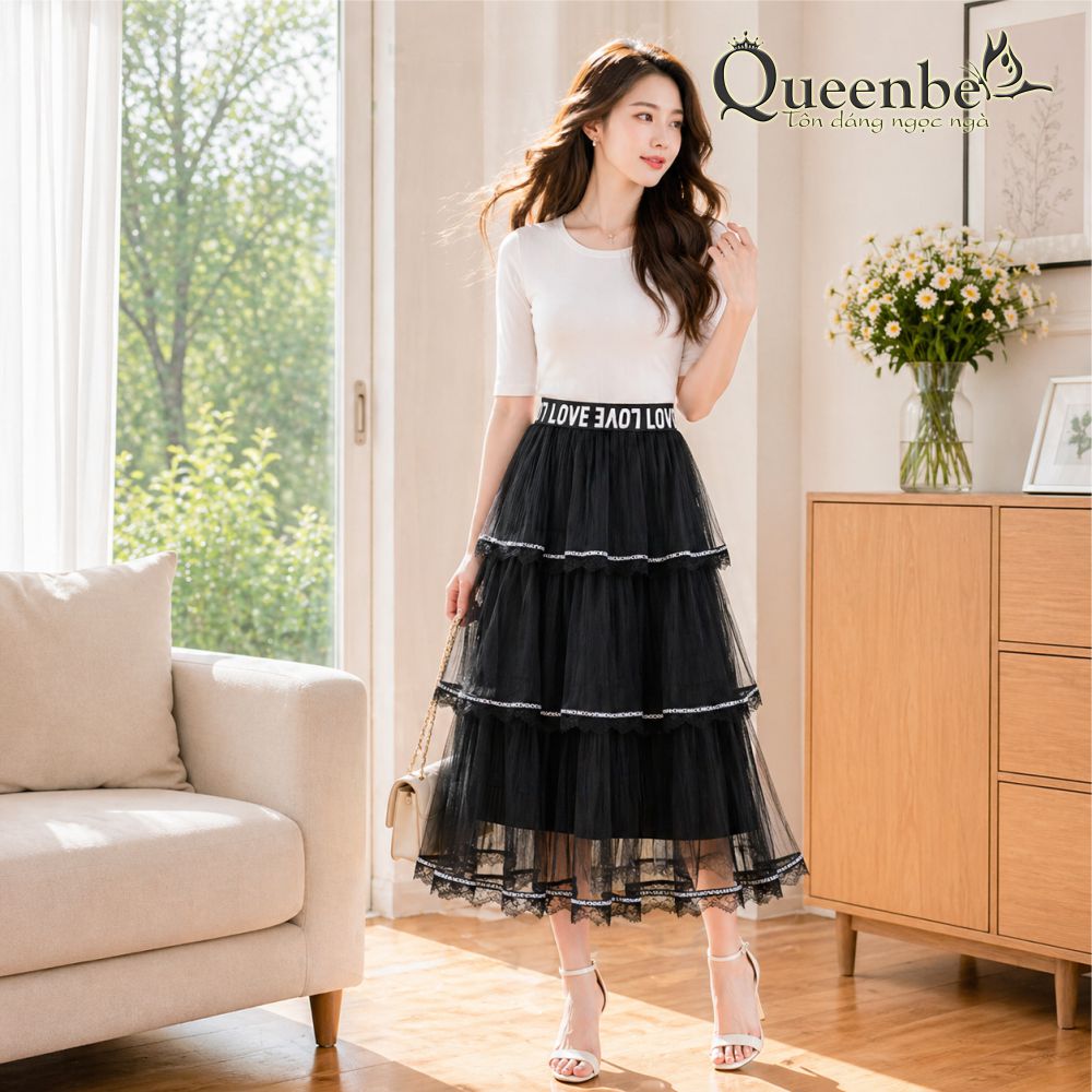 Chân váy dài xếp lớp Queenbe GLV095 xếp tầng có lót trong