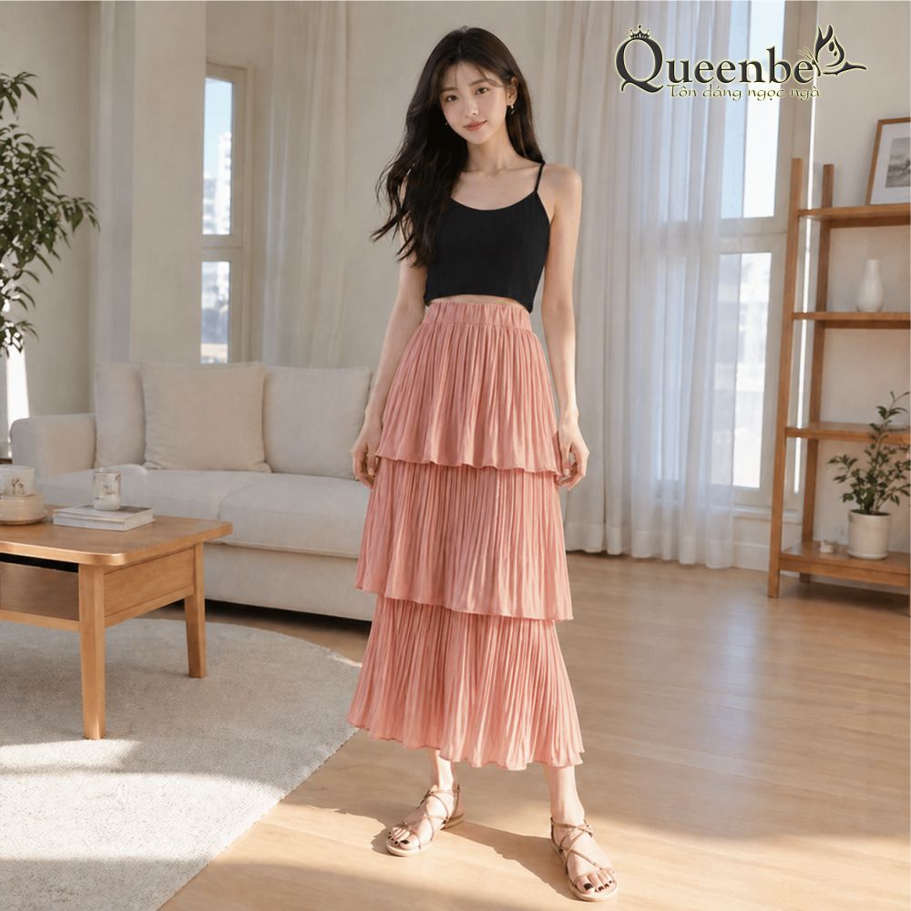 Chân váy dài xếp tầng Queenbe GLV083 eo thun lưng cao