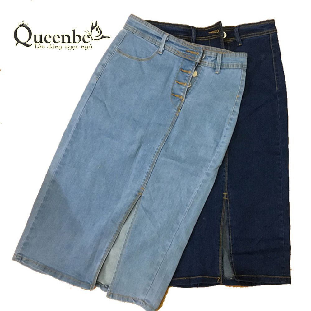 Chân váy jean lưng cao nhiều nút dáng ôm có big size Queenbe GLV174 vải jean cotton, co giãn 2 chiều