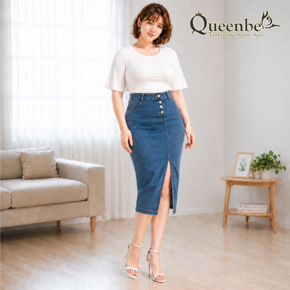 Chân váy jean lưng cao nhiều nút dáng ôm có big size Queenbe GLV174 vải jean cotton, co giãn 2 chiều