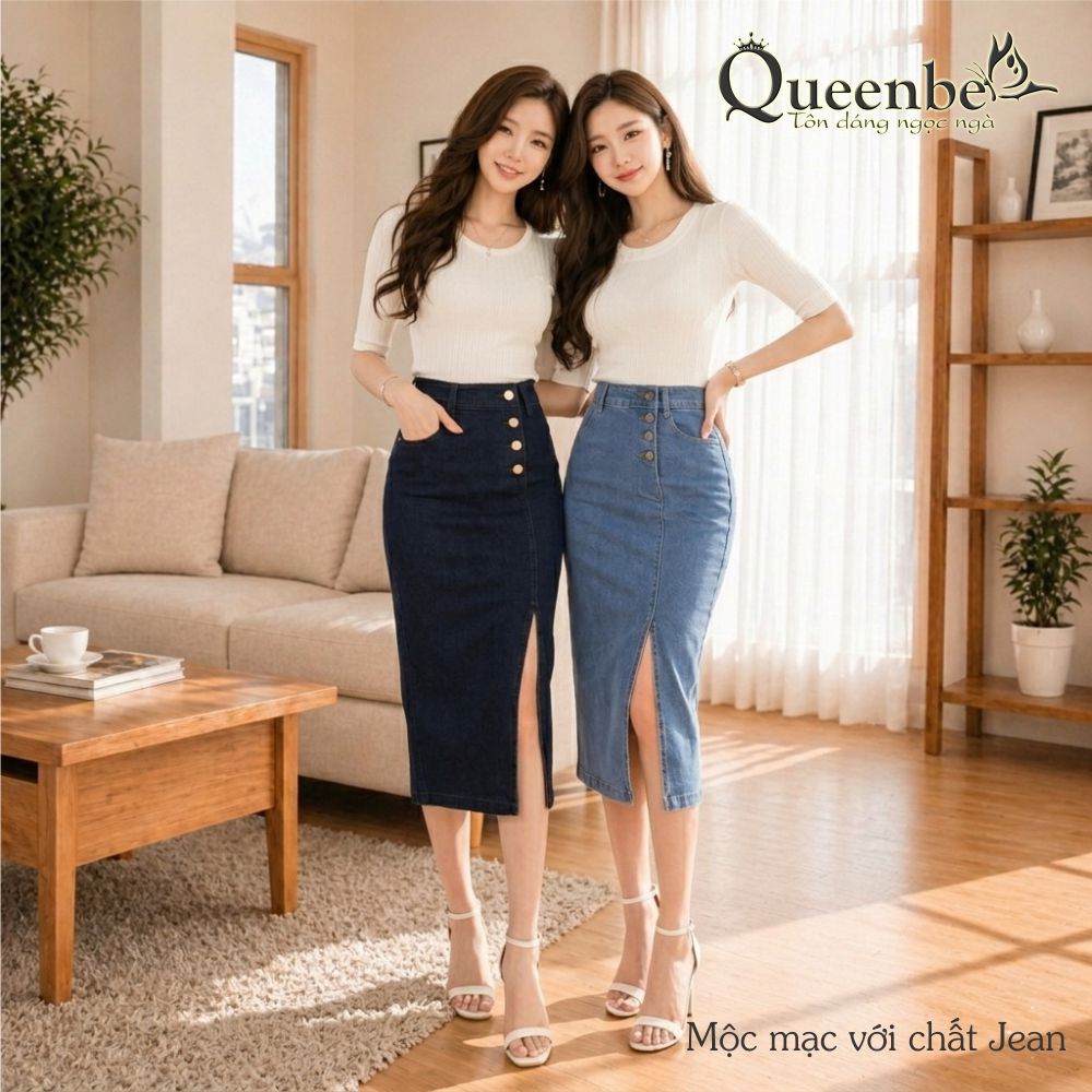 Chân váy jean lưng cao nhiều nút dáng ôm có big size Queenbe GLV174 vải jean cotton, co giãn 2 chiều