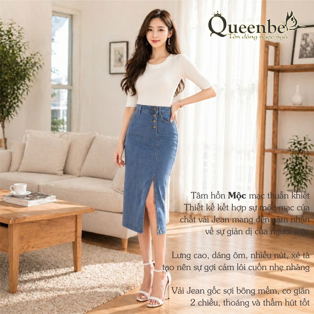Chân váy jean lưng cao nhiều nút dáng ôm có big size Queenbe GLV174 vải jean cotton, co giãn 2 chiều