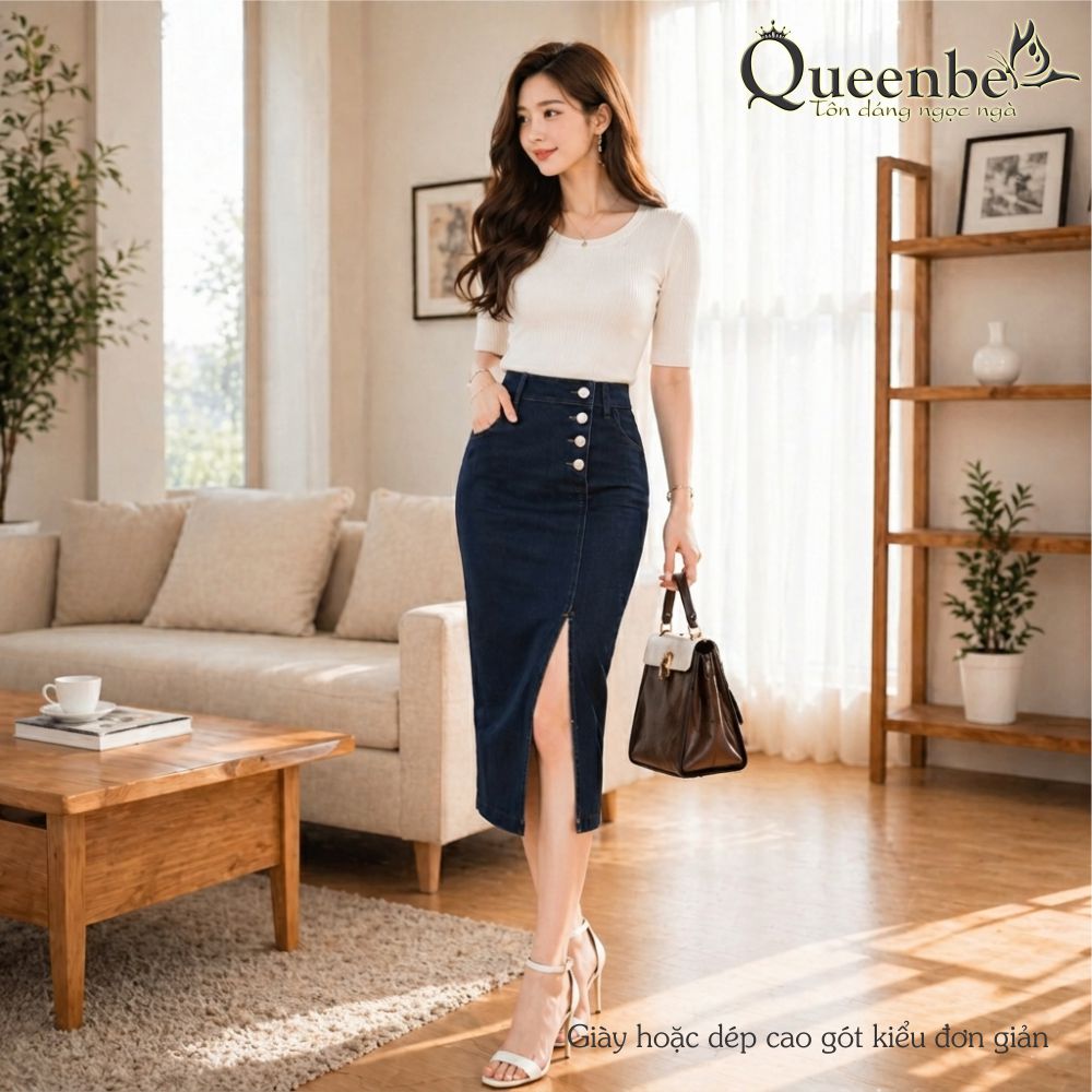 Chân váy jean lưng cao nhiều nút dáng ôm có big size Queenbe GLV174 vải jean cotton, co giãn 2 chiều