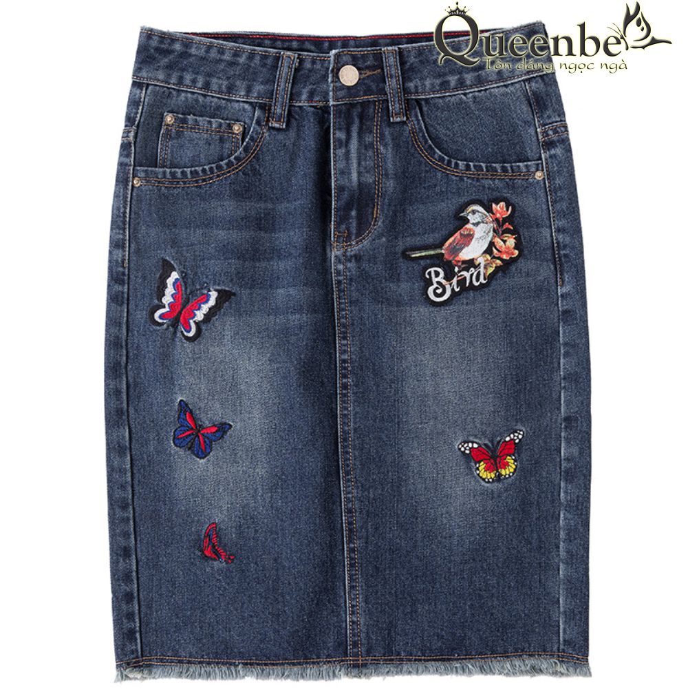 Chân váy jean lưng cao thêu họa tiết có big size Queenbe GLV067 vải gốc sợi bông, mềm thoáng và thấm hút tốt