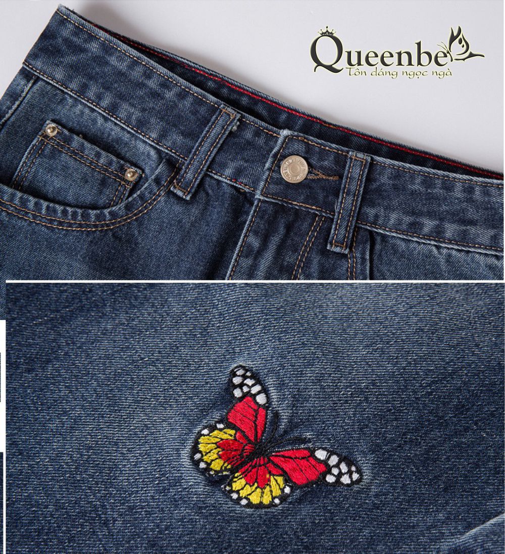 Chân váy jean lưng cao thêu họa tiết có big size Queenbe GLV067 vải gốc sợi bông, mềm thoáng và thấm hút tốt