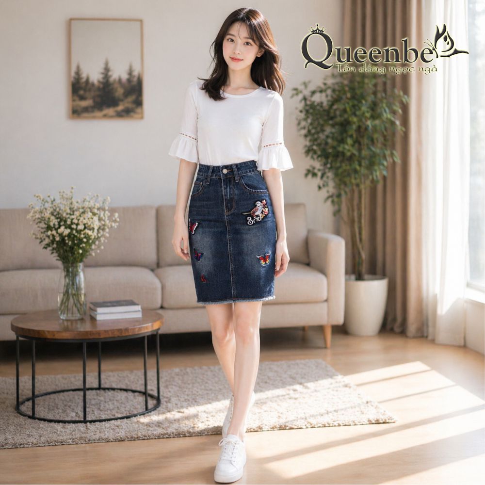 Chân váy jean lưng cao thêu họa tiết có big size Queenbe GLV067 vải gốc sợi bông, mềm thoáng và thấm hút tốt