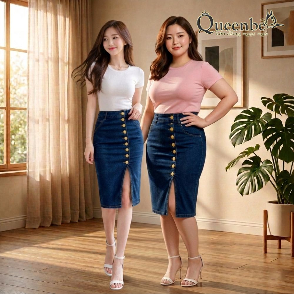 Chân váy jeans kiểu ôm nhiều nút có big size Queenbe GLV021