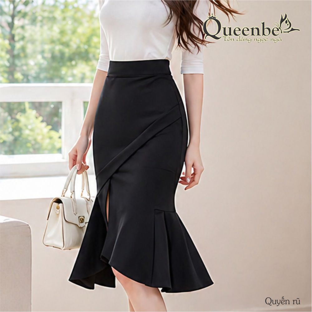 Chân váy lưng cao dáng ôm gấu loe cách điệu có big size Queenbe GLV159 kiểu đuôi cá, vải cotton 4 chiều mềm không nhầu
