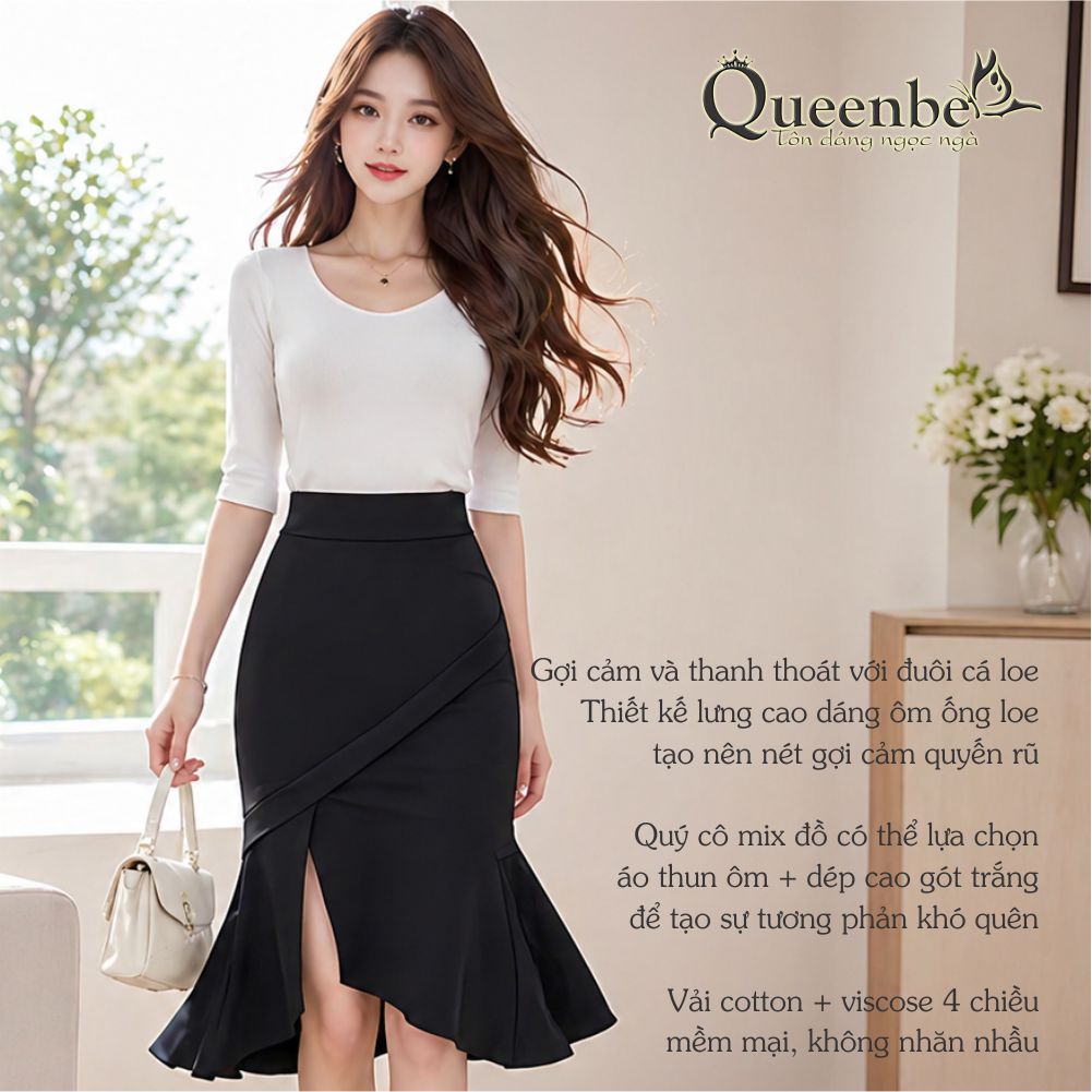 Chân váy lưng cao dáng ôm gấu loe cách điệu có big size Queenbe GLV159 kiểu đuôi cá, vải cotton 4 chiều mềm không nhầu