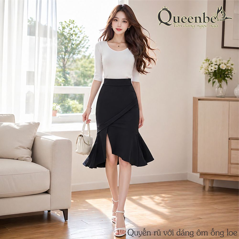 Chân váy lưng cao dáng ôm gấu loe cách điệu có big size Queenbe GLV159 kiểu đuôi cá, vải cotton 4 chiều mềm không nhầu