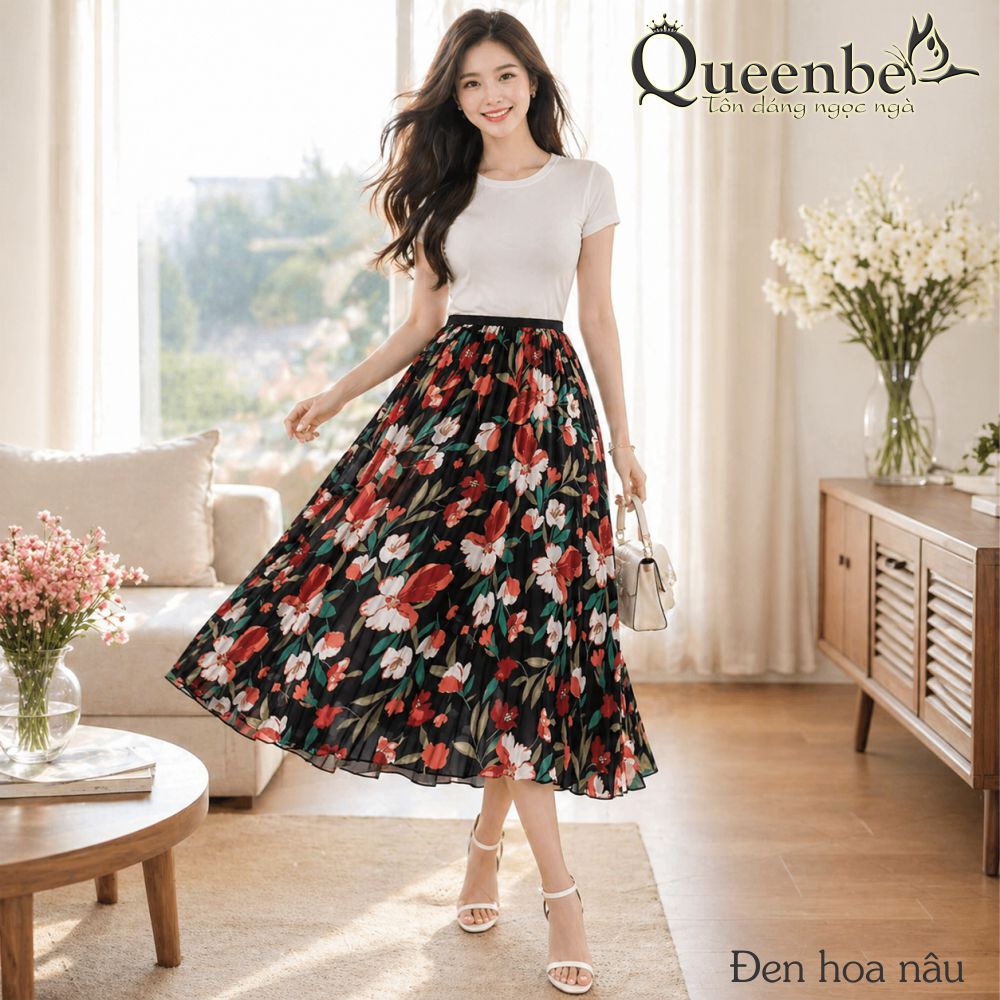 Chân váy midi dập li Queenbe GLV158 vải voan hoa in tinh tế bên trong có lót mềm