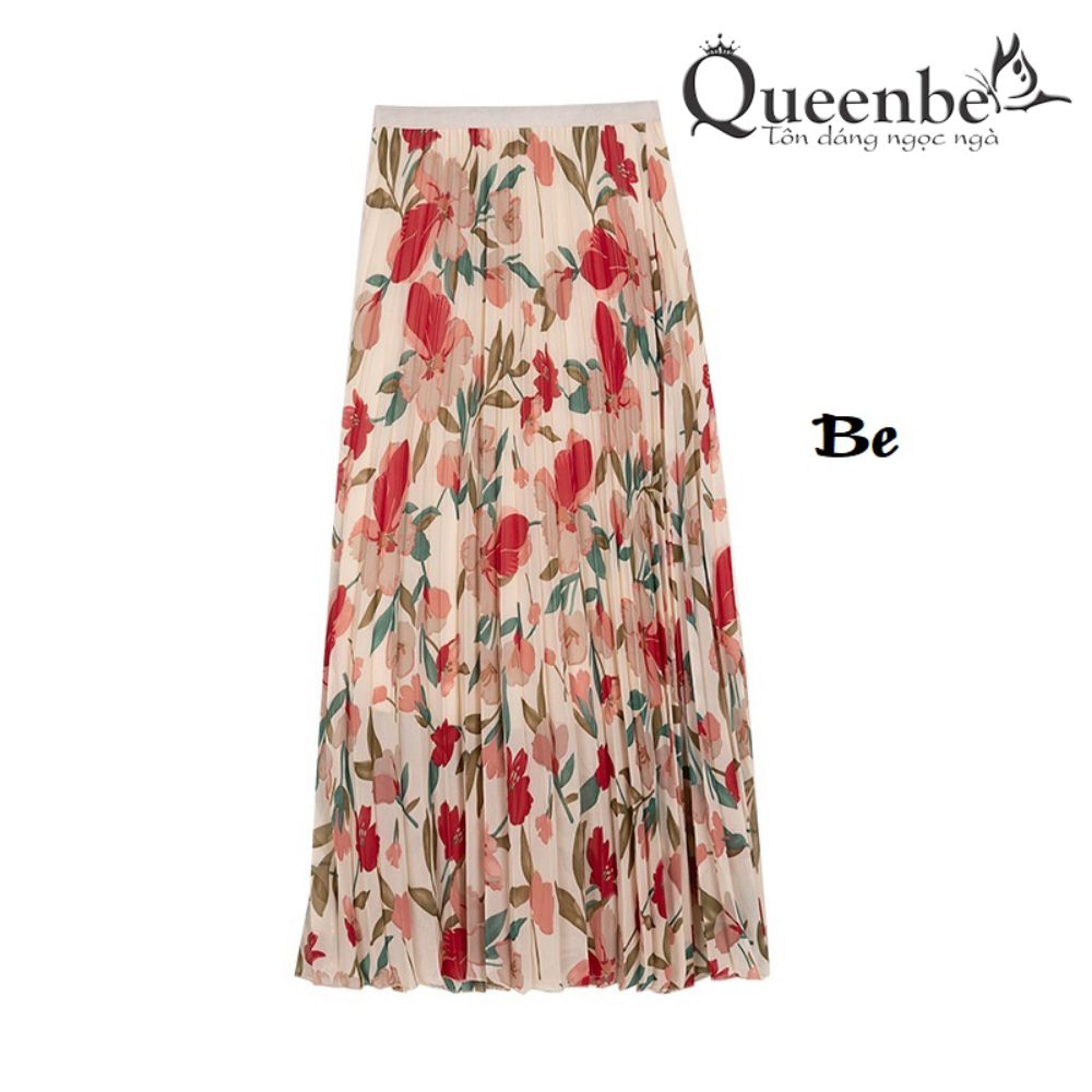 Chân váy midi dập li Queenbe GLV158 vải voan hoa in tinh tế bên trong có lót mềm