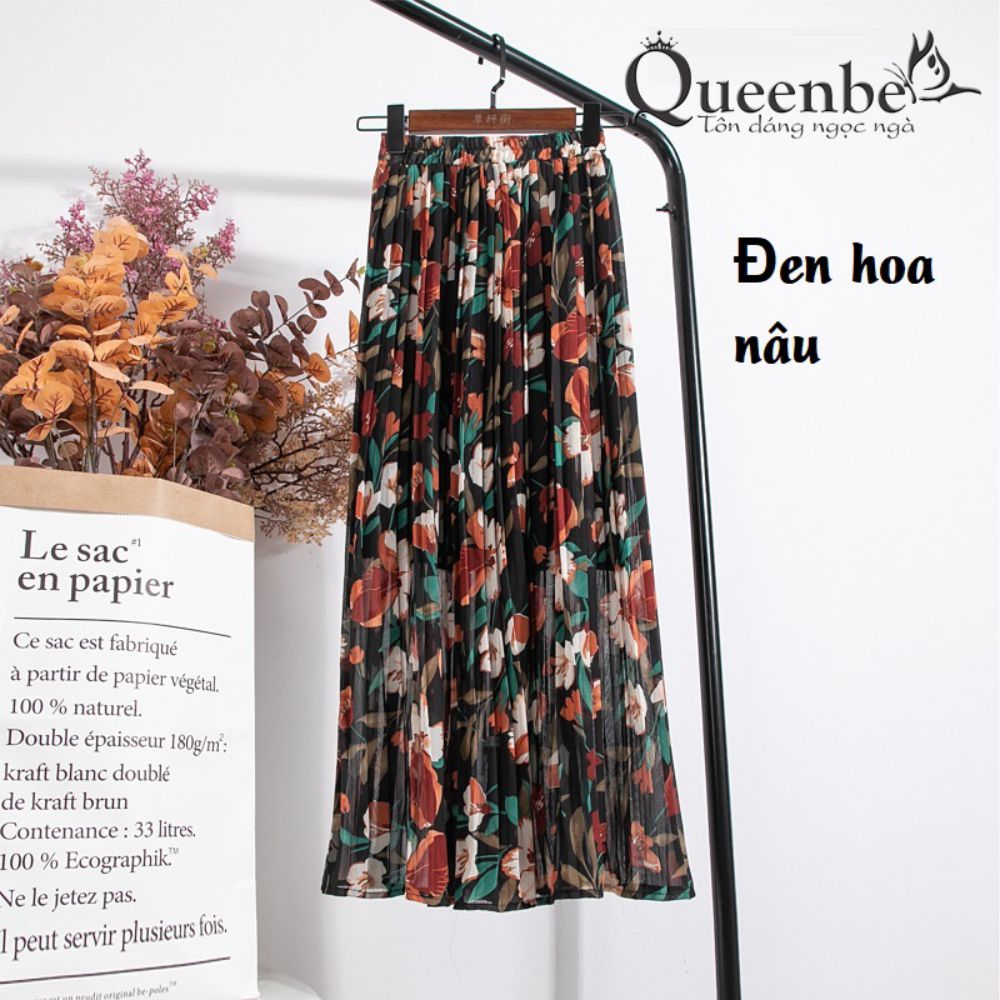 Chân váy midi dập li Queenbe GLV158 vải voan hoa in tinh tế bên trong có lót mềm
