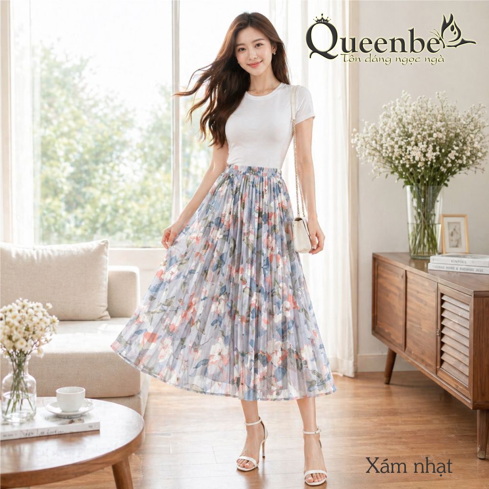 Chân váy midi dập li Queenbe GLV158 vải voan hoa in tinh tế bên trong có lót mềm