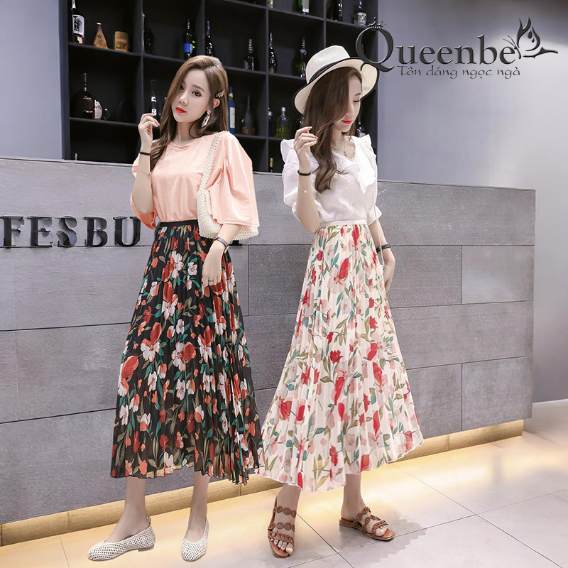 Chân váy midi dập li Queenbe GLV158 vải voan hoa in tinh tế bên trong có lót mềm