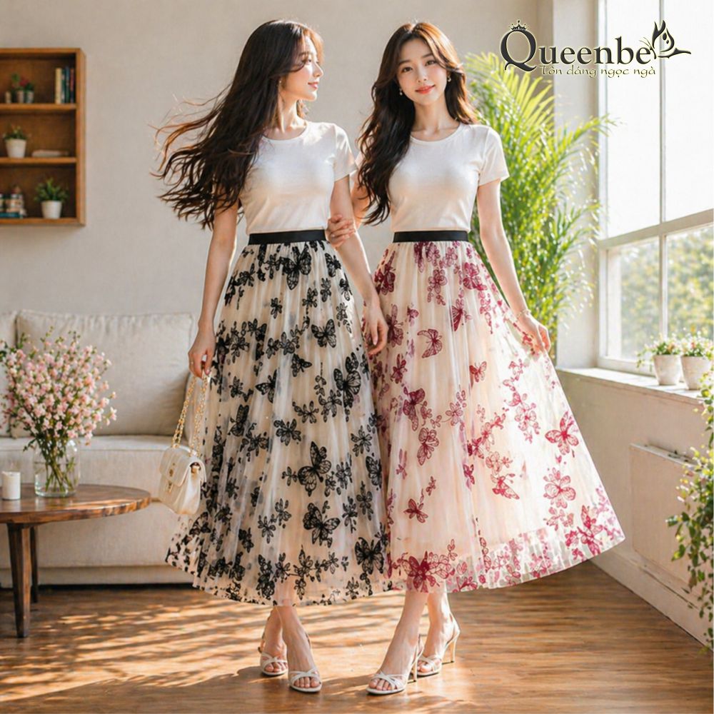 Chân váy midi phủ lưới đính bướm Queenbe GLV179