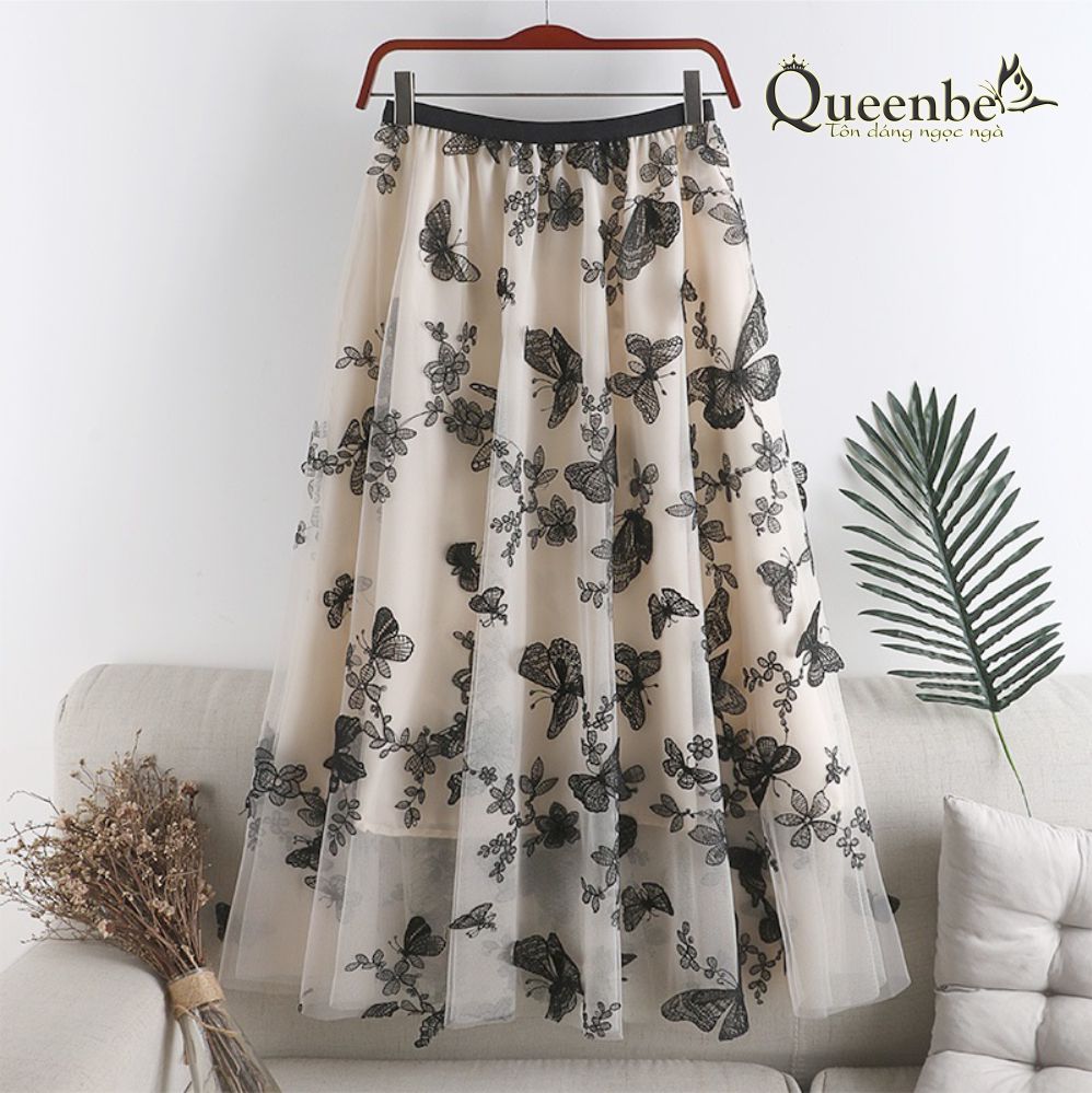Chân váy midi phủ lưới đính bướm Queenbe GLV179