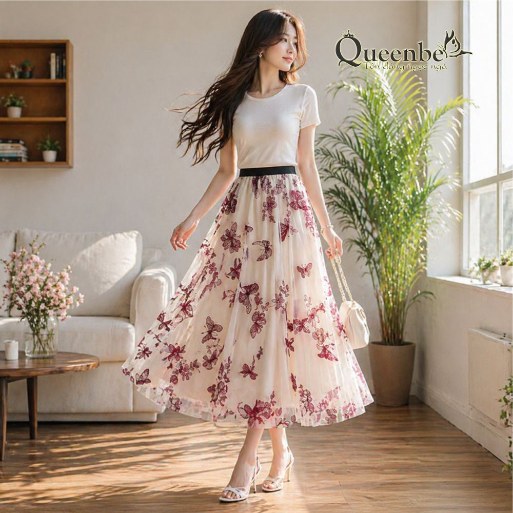 Chân váy midi phủ lưới đính bướm Queenbe GLV179