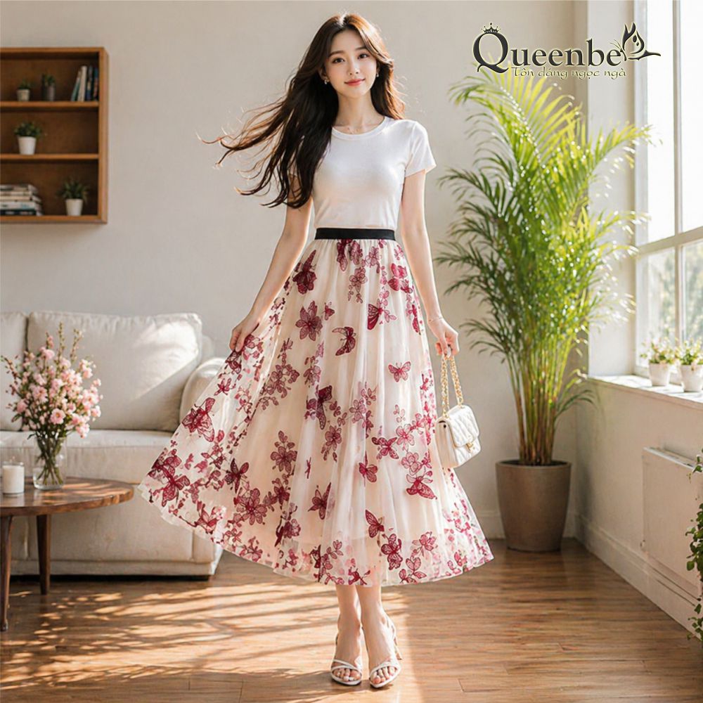 Chân váy midi phủ lưới đính bướm Queenbe GLV179