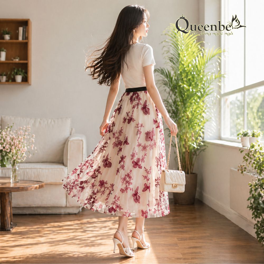 Chân váy midi phủ lưới đính bướm Queenbe GLV179