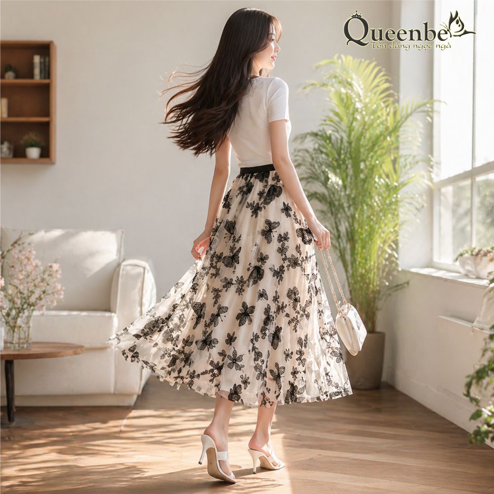 Chân váy midi phủ lưới đính bướm Queenbe GLV179
