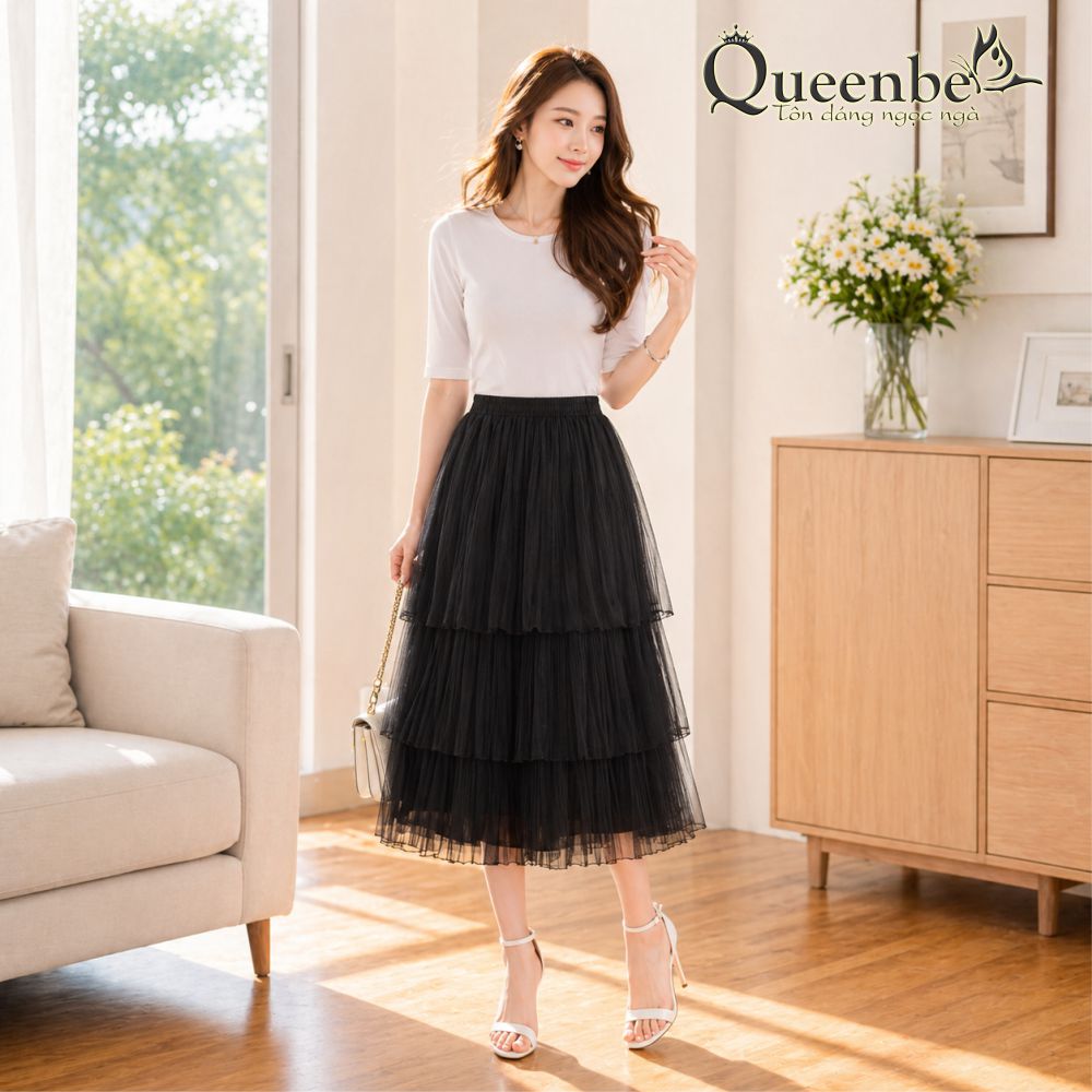 Chân váy xếp lớp Queenbe GLV112 kiểu Midi lưới mềm lót êm