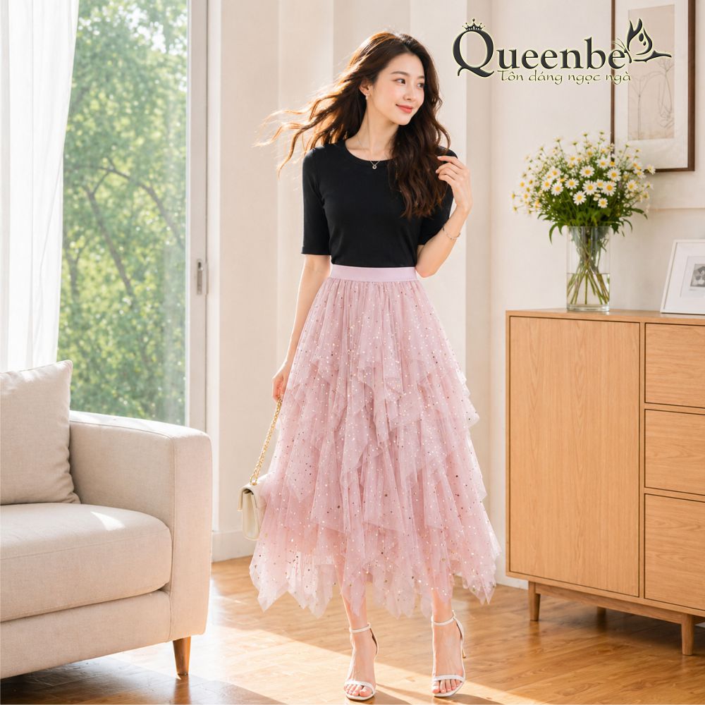 Chân váy xếp lớp đính sao Queenbe GLV109 kiểu Midi có lót trong