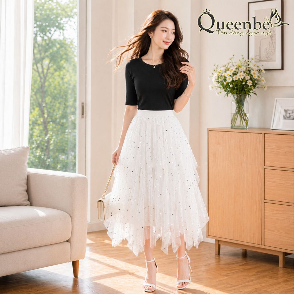 Chân váy xếp lớp đính sao Queenbe GLV109 kiểu Midi có lót trong