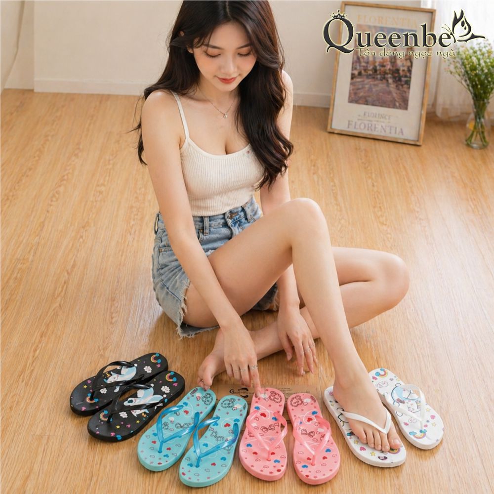 Dép nhựa nữ dép nữ xỏ ngón in hoạt hình Queenbe GLD051