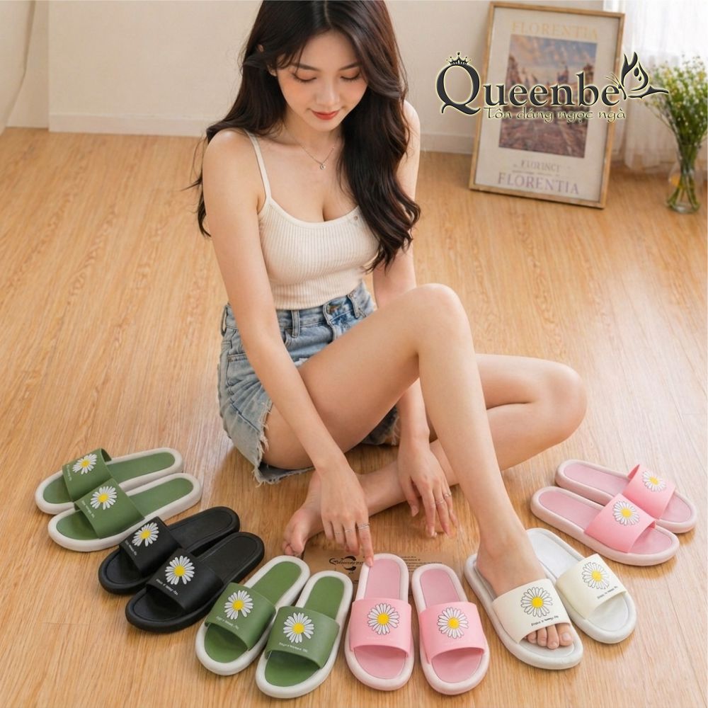 Dép nữ nhựa dẻo đi trong nhà Queenbe GLD049 in hoa cúc