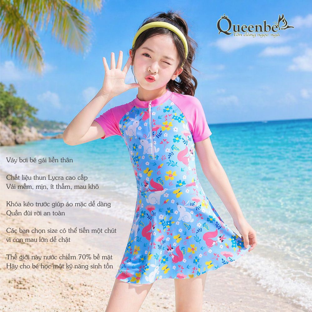 Đồ bơi bé gái liền thân in hoa khóa trước quần đùi rời Queenbe GLSWIM103 vải thun Lycra cao cấp mềm, co giãn, ít thấm mau khô